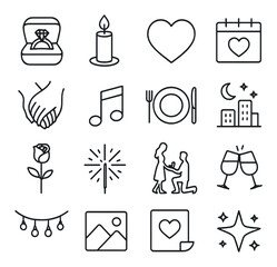 Romantic proposal icon collection: linear love symbols. ring, candle, heart, rose, dinner, date vector icons