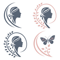 Elegant female profiles with botanical elements and butterfly