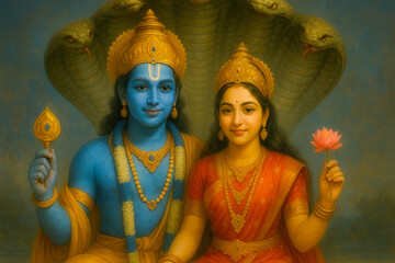 Lord Vishnu and Goddess Lakshmi Divine Union Illustration