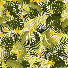 Hand drawn vector seamless pattern with tropical leaves. Colorful summer background in flat style. Wallpaper with green plants and flowers