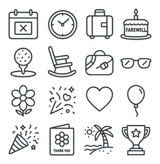 Retirement celebration icon collection: farewell, party, travel, gift, cake, linear vector icons