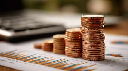 Stacked coins near laptop and financial reports highlight personal savings, online banking, and economic planning in a digital finance environment driven by smart technology insights.