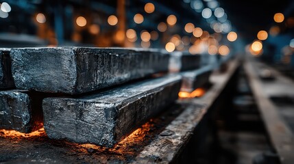 Stacked aluminum ingots glow under warm industrial lighting, illustrating material refinement, resource tracking, and smart production monitoring in metal manufacturing tech.