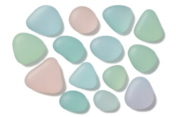 Smooth, pastel-colored pebbles arranged on a transparent background, creating a soothing and decorative pattern