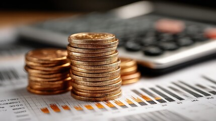 Stacked coins near laptop and financial reports highlight personal savings, online banking, and economic planning in a digital finance environment driven by smart technology insights.
