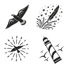 Flying birds lighthouse and feather icons nature