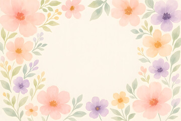 Fototapeta premium Floral Frame Watercolor: A delicate watercolor composition featuring an assortment of colorful blossoms gracefully encircling an open space.