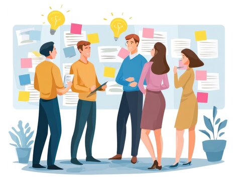 flat vector brainstorming session, creative team using sticky notes and lightbulb icons, clean design