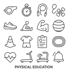 Physical education icon collection: simple pe equipment linear dumbbell, stopwatch, heartbeat, whistle vector icons