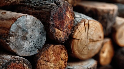 Stacked wood logs arranged in gentle upward slope, capturing natural performance trend through earthy tones.