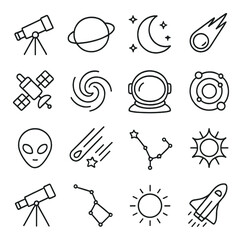 Astronomy icon collection. simple space and stargazing icons. telescope, moon, planet, rocket vector icons.