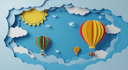 Obraz premium Hot Air Balloons Paper Art Flying in Cloudy Sky with Sun and Birds