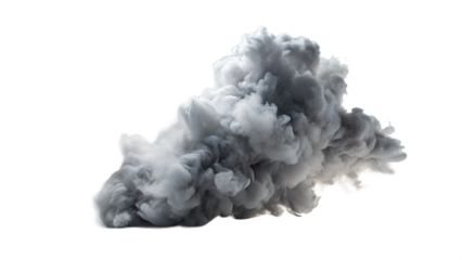 A dense cloud of grey smoke isolated on a transparent background