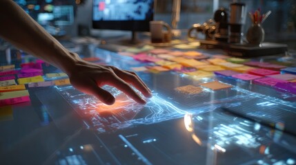 futuristic brainstorming lab with glowing touch interface, digital sticky notes and AI assistant