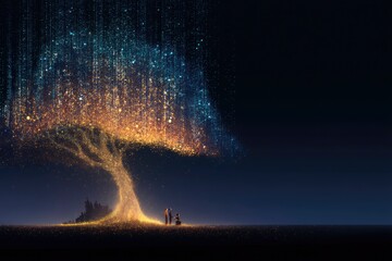 glowing tree made of data points representing academic growth, team of educators at base