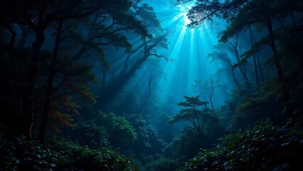 Deep forest with rays of light