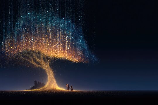 glowing tree made of data points representing academic growth, team of educators at base