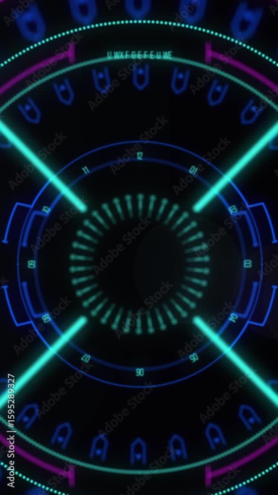 Wall mural animation of neon round scanner and data processing against light spot on black background