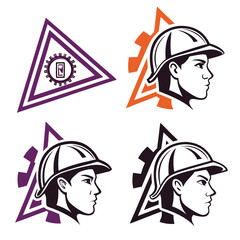 Industrial worker profiles with gears and triangles head