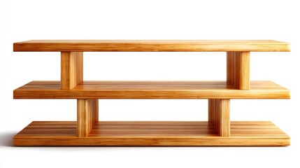 Wooden shelving unit with three tiers.