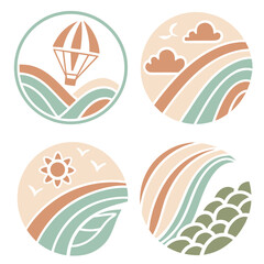 Hot air balloon sun clouds rainbow wave landscape vector