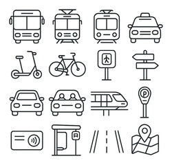 Urban transport icon collection: simple linear city commuter, bus, bicycle, train, car vector icons