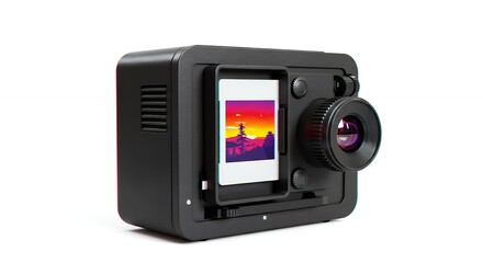 Fototapeta premium Retro style digital camera with sunset image display