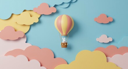 Hot Air Balloon Flying with Rabbit in Clouds Pastel Colors