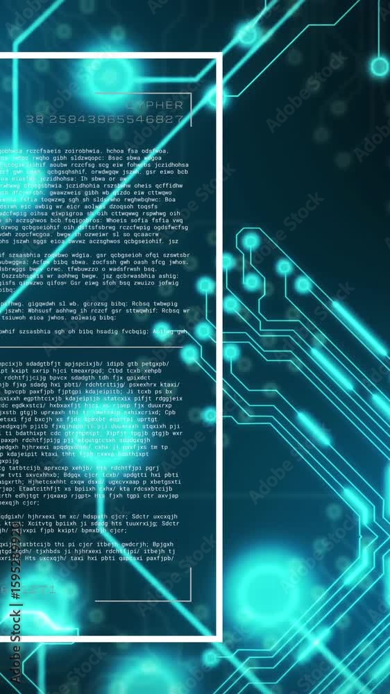 Poster animation of digital screen with computer language over illuminated electronic circuit board pattern