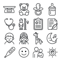 Pediatric healthcare icon collection: simple, childcare, stethoscope, teddy, nurse, moon, flat vector icons