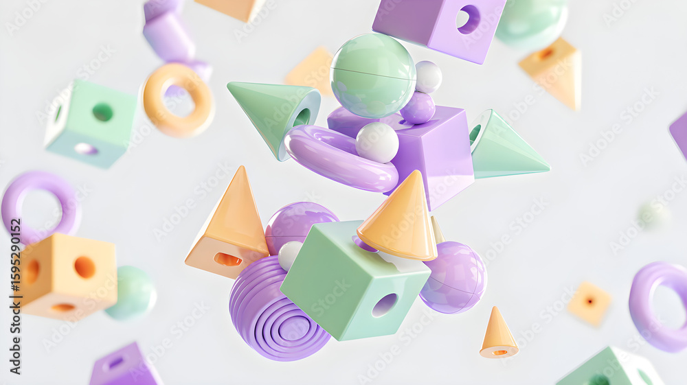 Fototapete Pastel colored geometric shapes floating in space create an abstract and modern composition