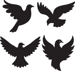 Fototapeta premium A set of vector birds in flying silhouette, including a dove of peace, eagle, and hawk, with outstretched wings symbolizing freedom in nature