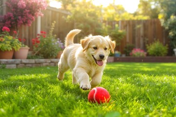 Joyful Puppy in Sunny Yard: A playful golden retriever puppy exuberantly bounds through a sunlit yard, its focused eyes fixed on a vibrant red ball, captured in a perfect moment of canine joy.