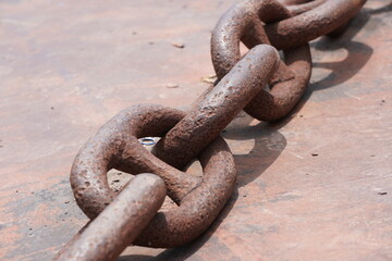Close-up of a rusty metal chain on the deck
