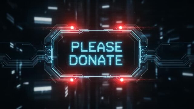 Futuristic digital display animation of please donate text with glowing circuit board pattern and abstract bokeh background