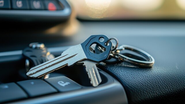 Keychain bottle opener on a set of keys placed on a car dashboard
