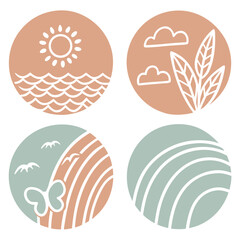 Nature inspired abstract icons with sun waves clouds plants and birds vector