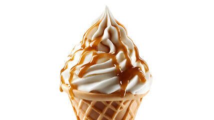 Soft serve ice cream in a waffle cone, drizzled with caramel sauce, isolated on a white background