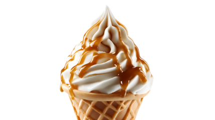 Soft serve ice cream in a waffle cone, drizzled with caramel sauce, isolated on a white background
