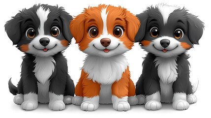 Three Adorable Cartoon Puppies Sitting Together
