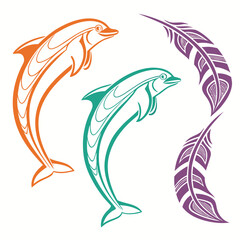 Orange teal dolphins purple feathers vector