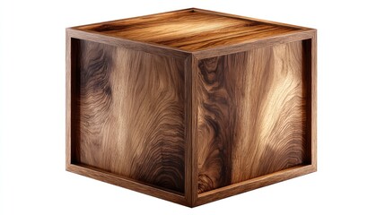 Wooden cube-shaped storage box with intricate wood grain.