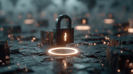 Stylized digital lock floats midair, surrounded by fragmented encryption layers and glowing rings, symbolizing cybersecurity and tiered access control in futuristic environment.