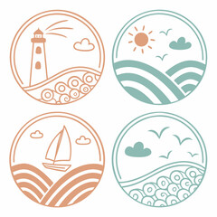 Fototapeta premium Nautical icons lighthouse sailboat sun waves clouds birds vector