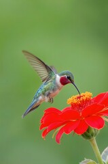 Fototapeta premium Hummingbird at Blossom: A hummingbird delicately hovers near a vibrant red blossom, its iridescent feathers and long beak poised to sip nectar in this striking portrait of nature's artistry.