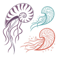 Nautilus shells with flowing tentacles in purple teal and coral marine life ocean