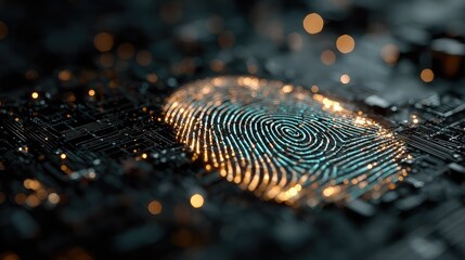 Stylized glowing fingerprint hovers above circuit board with biometric data flowing through holographic screen, secure ID verification concept in futuristic technology interface