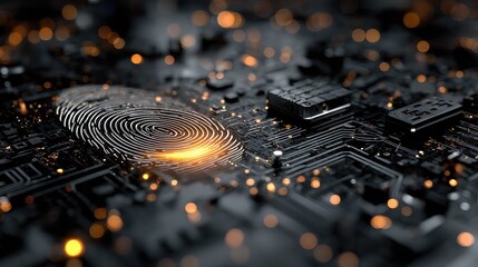 Stylized glowing fingerprint hovers above circuit board with biometric data flowing through holographic screen, secure ID verification concept in futuristic technology interface