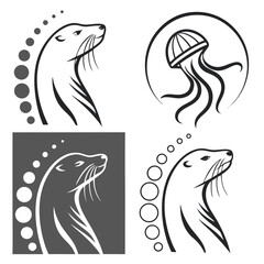 Otter and jellyfish aquatic animal icons graphic