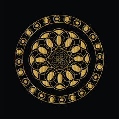 Intricate golden mandala design on a black background